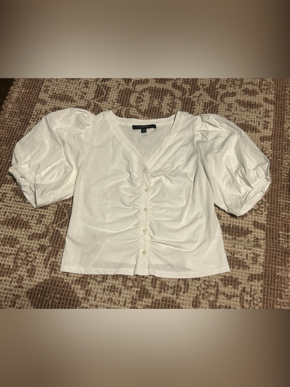 Puff-Sleeve Button-Front Blouse in White
